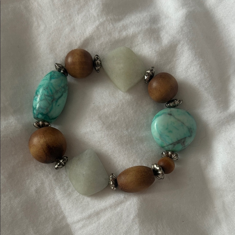 Turquoise & Quartz Wood Silver Beaded Gemstone Bracelet